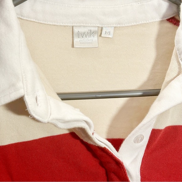 Long sleeve red and white stretch cotton strip polo dress- size small - Picture 3 of 3